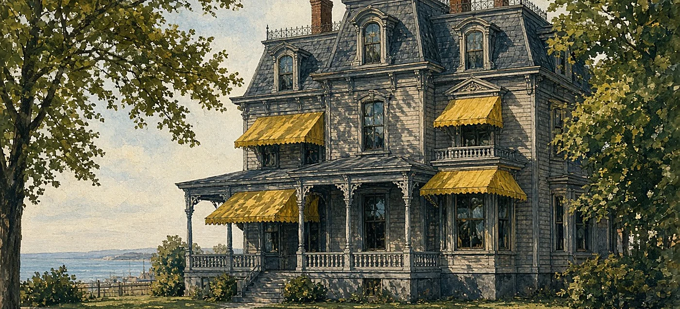A painted grey mansard-roofed house behind a street tree