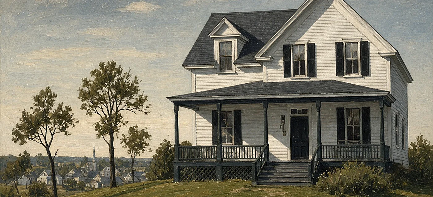 A painted farmhouse on a hill above a town