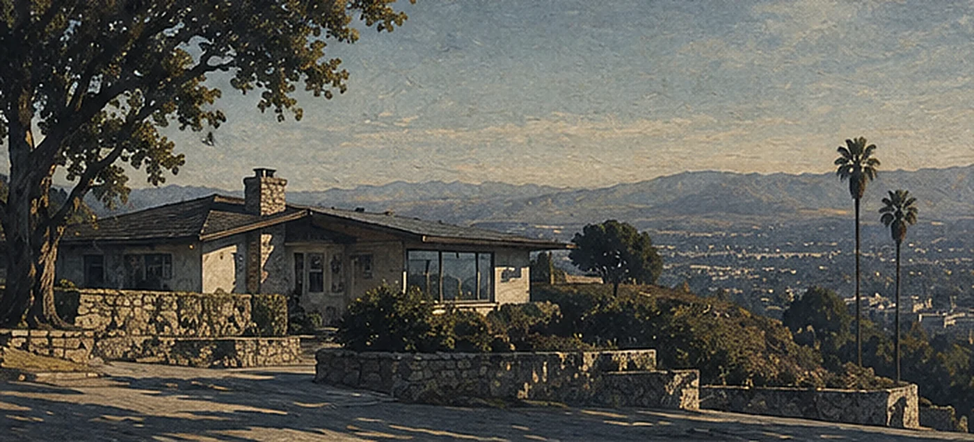 A painted ranch house on a stone terrace above the Valley