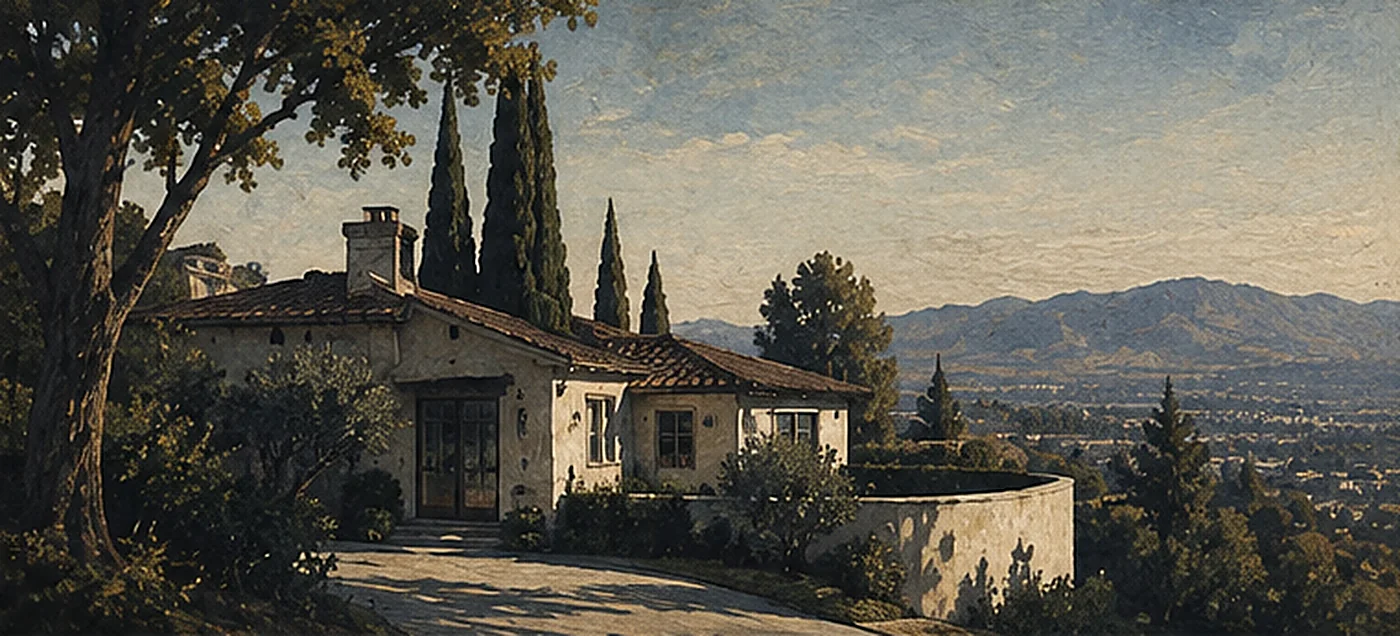 A painted Spanish revival house on a hillside above the Valley